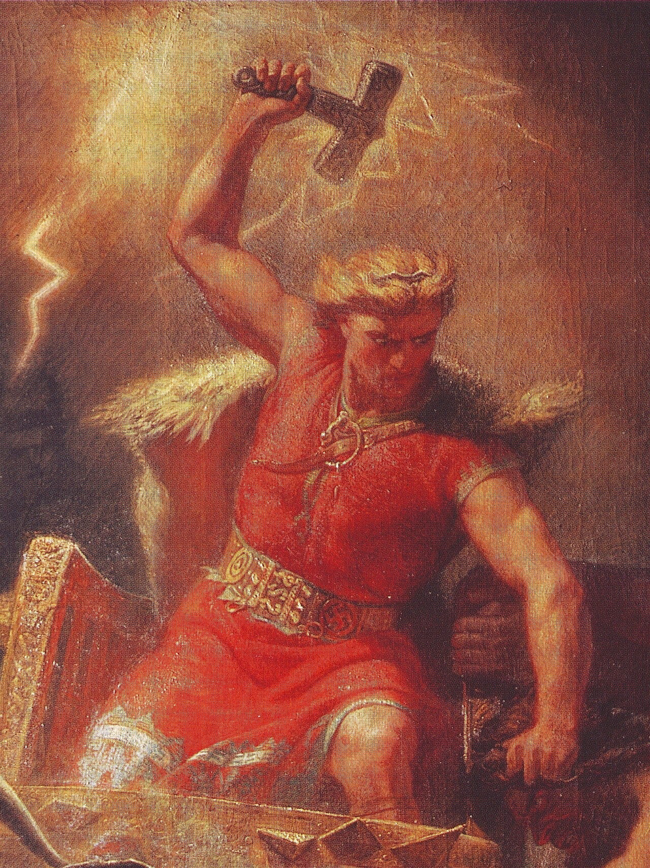 Thor, dieu du tonnerre nordique, brandissant la foudre