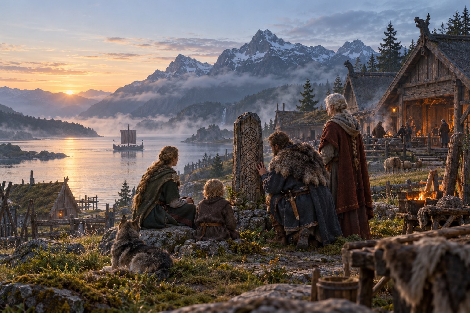 Famille scandinave dans un village nordique au bord d’un fjord