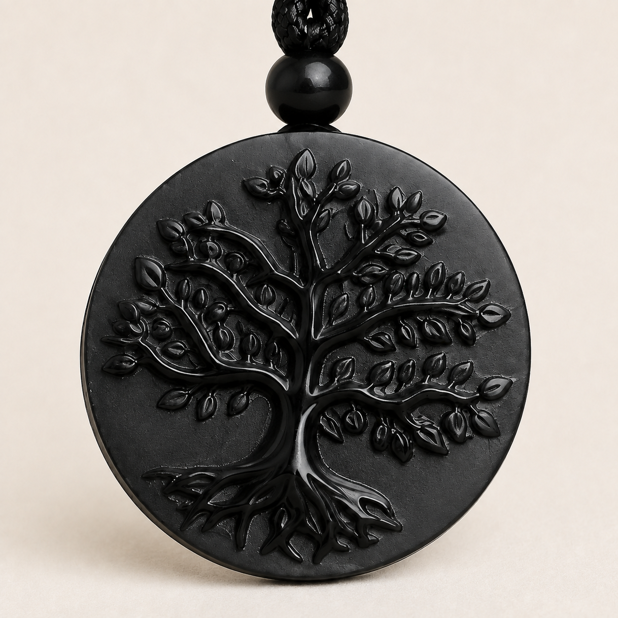 Pendentif en obsidienne naturelle avec Arbre de Vie en relief