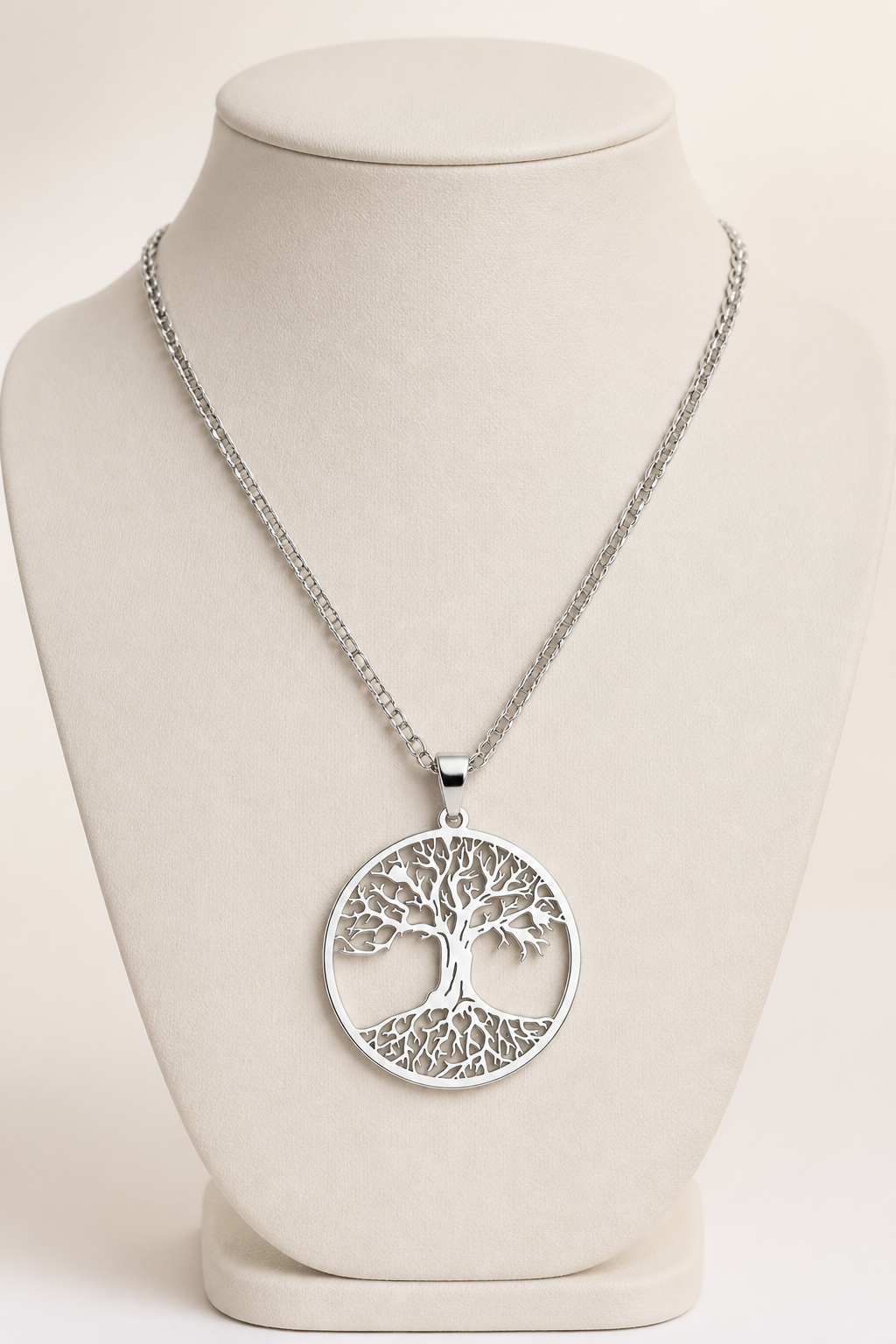 Collier Arbre de Vie en acier inoxydable présenté sur un buste discret