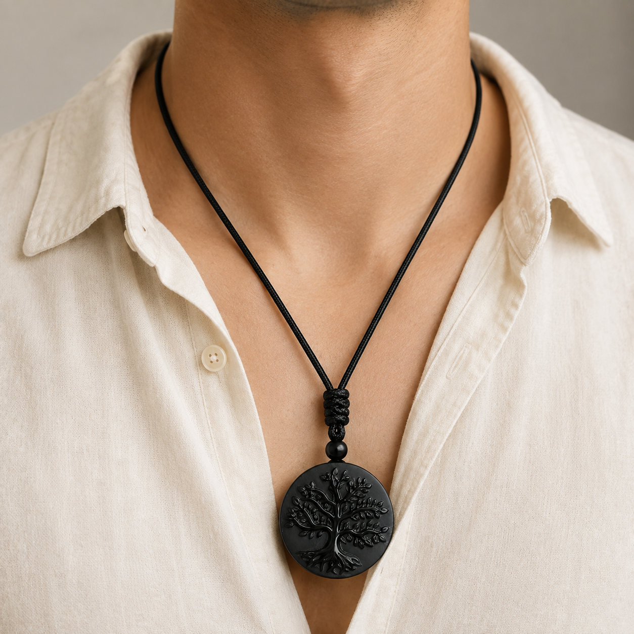 Collier Arbre de Vie en obsidienne naturelle présenté en vue portée